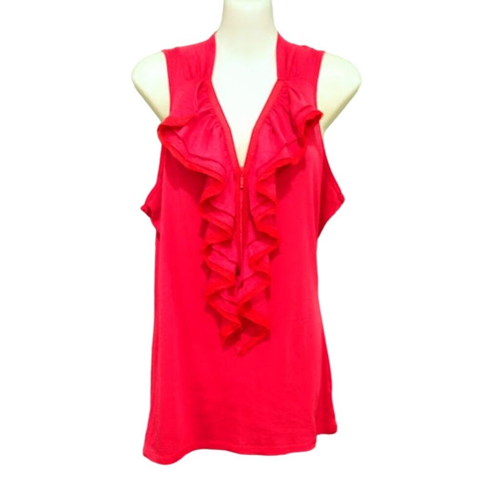 lino Slelevless Top with Front Zipper and Ruffles, Pink,‎ Sz L